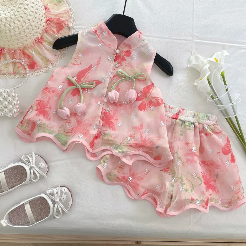 

Girls' Summer Princess-Style Vest+Shorts+Three-piece straw hat summer outfit new style sweet set for girls