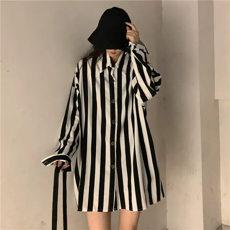 

Black And White Striped Single Breasted Blouses Loose Fit Shirt Beautiful Women's Clothing Autumn 2024 New Tide tops