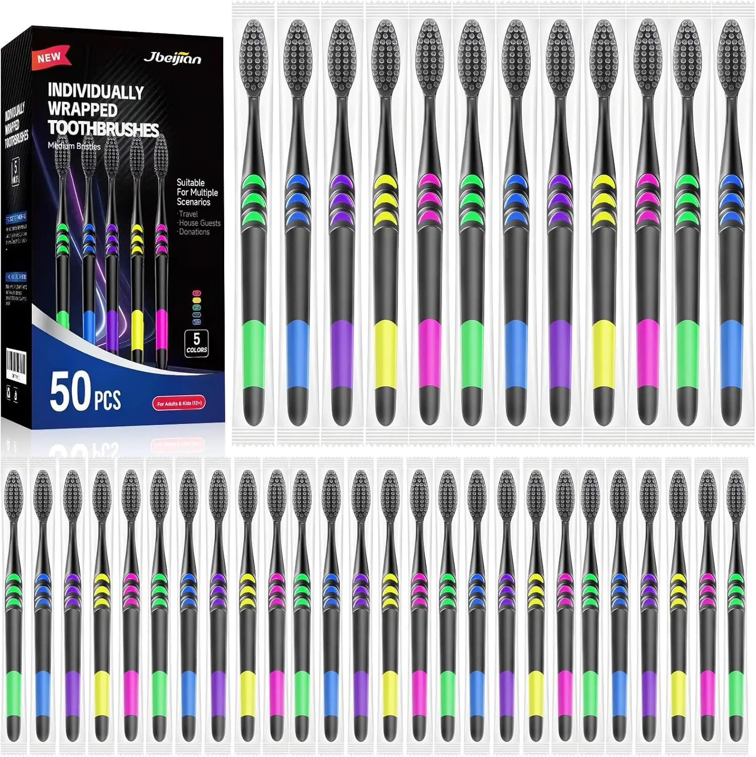 

Набор из 50 премиальных зубных щеток в индивидуальной упаковке, средней мягкости щетины, с эргономичной ручкой, идеально подходит для путешествий, отелей и благотворительных акций.