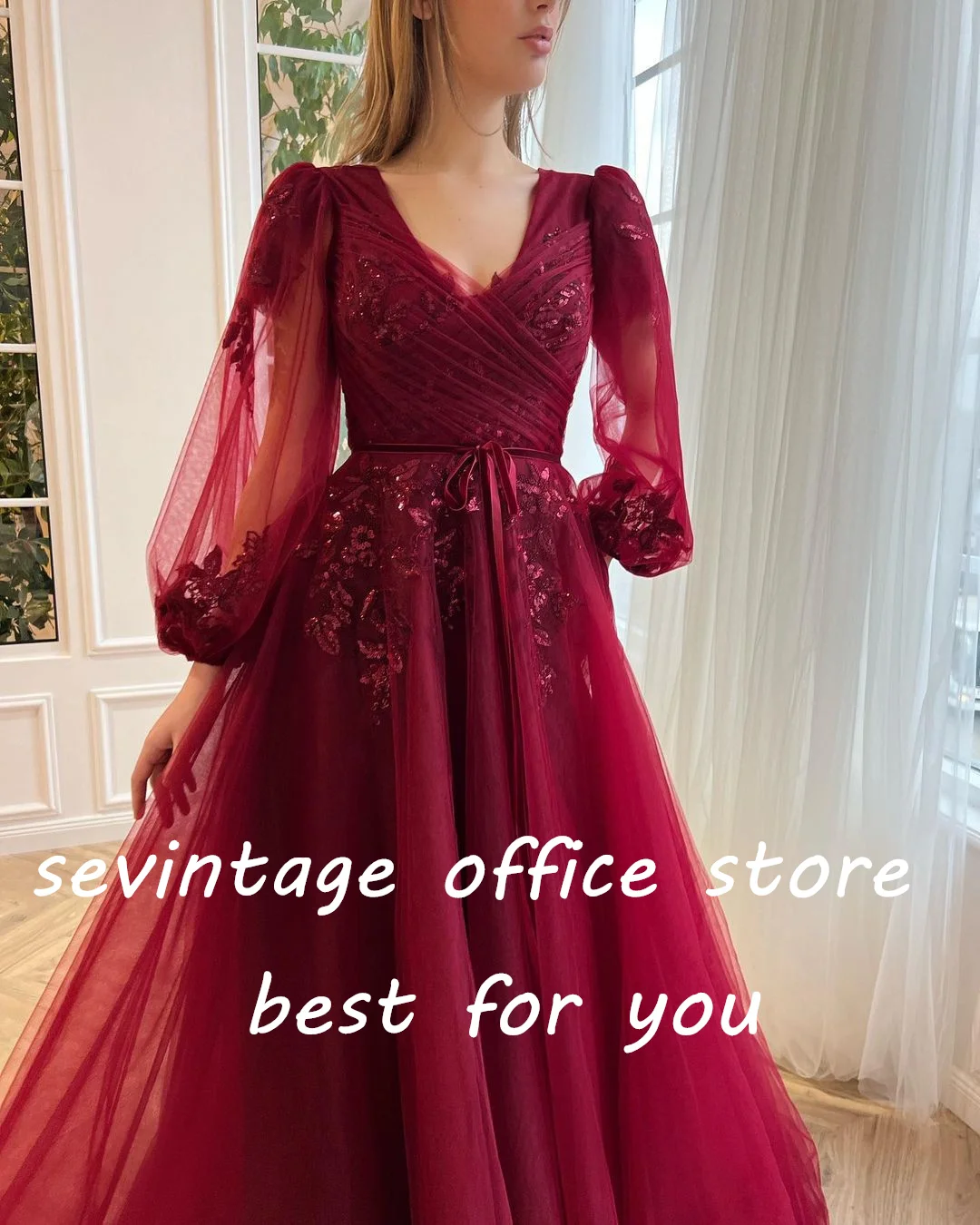 Sevintage Burgundy Lace Appliques Tulle Prom Dresses Puff Sleeves Pleat Ruched A-Line Saudi Arabic Women Party Evening Gowns