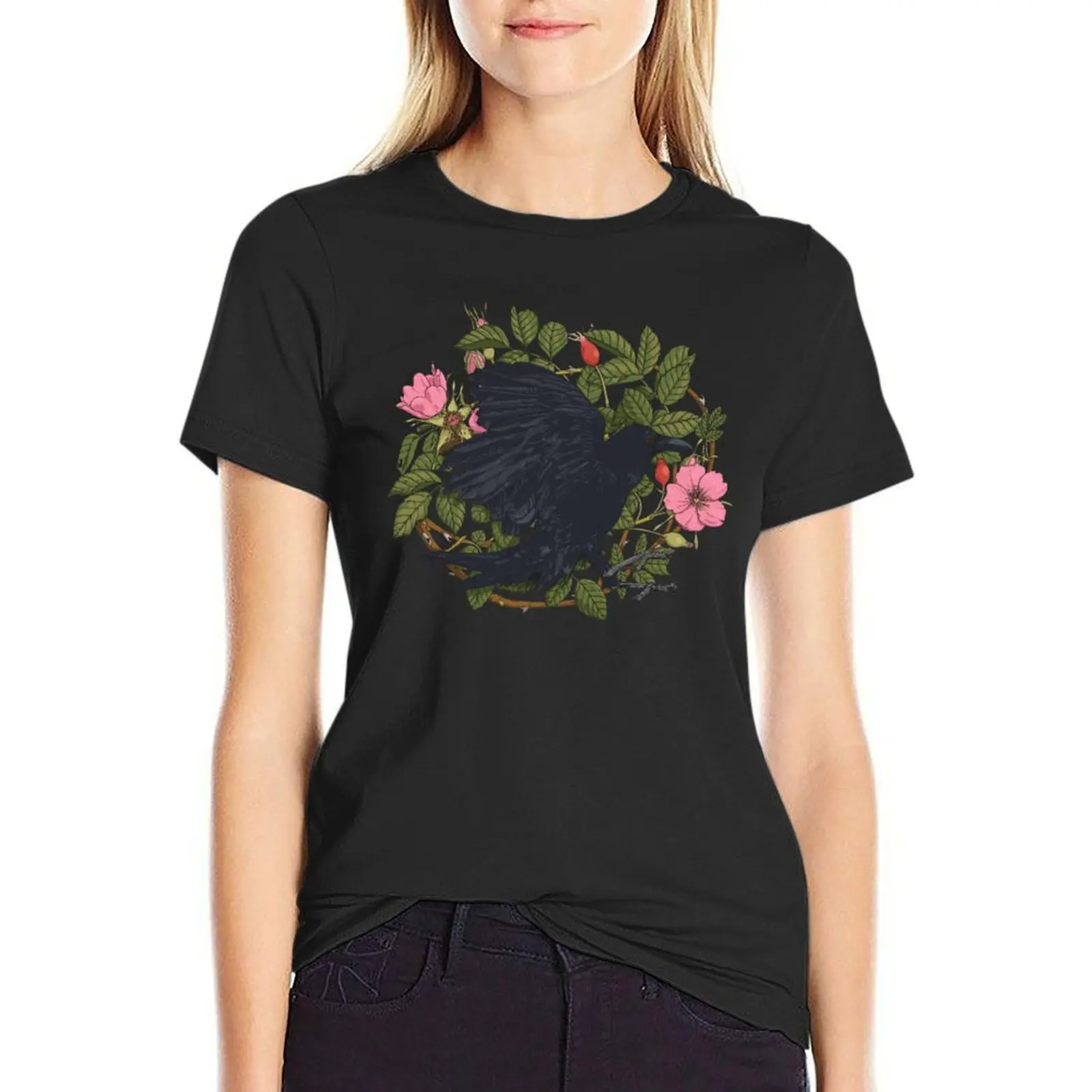 Raven and roses T-Shirt summer top hippie clothes kawaii clothes animal print shirt for girls Woman T-shirts