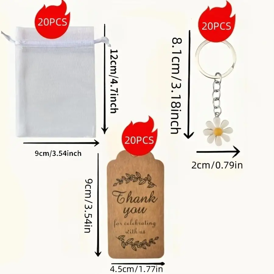 1/5/10/20/50/100pcs Daisy Party Favor Sets (60 pieces total) Include 20 Daisy Keychains, 20 Gauze Bags, 20 Thank-You Cards for G