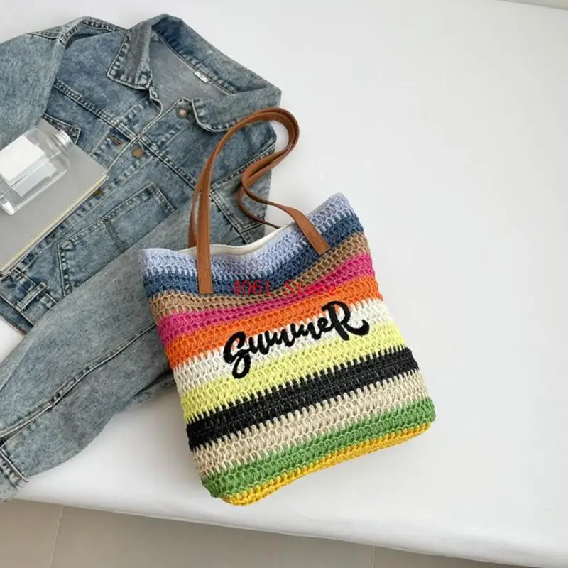 قوس قزح منسوج التطريز الشاطئ حقيبة تصميم قش كتف حقيبة يد العطلة للنساء العصري #4