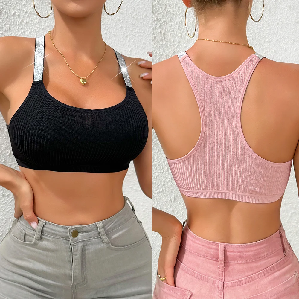 2 uds sujetadores de mujer ropa interior Sexy sin anillo de acero lencería brillo correas brillantes Sujetador deportivo acanalado chaleco Sexy Top ajustado