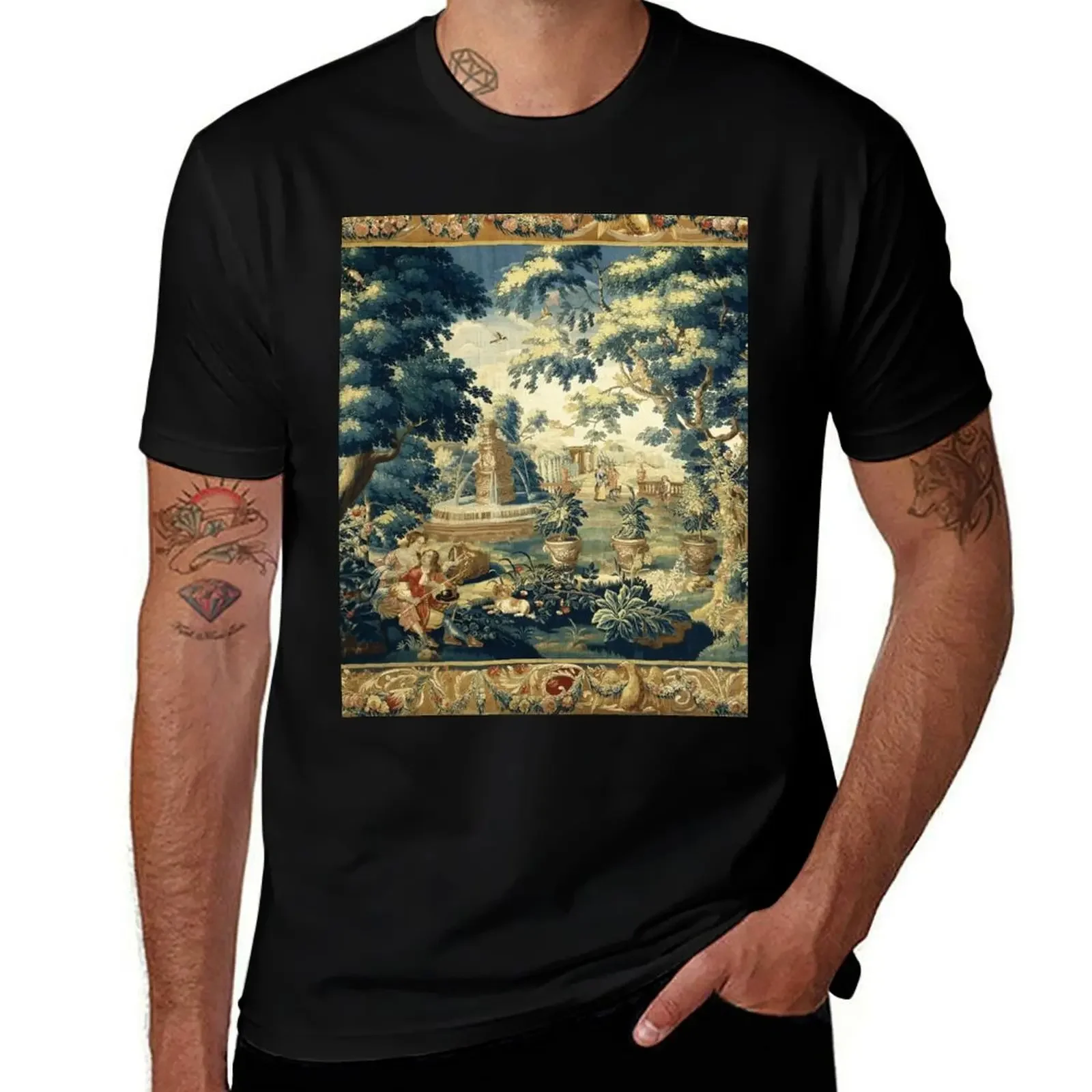 PARK SCENE WITH TREES,SITTING COUPLE AND HUNTERS IN WOODLAND LANDSCAPE Antique Flemish Tapestry T-Shirt