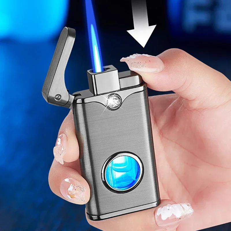 

minimalist metal diamond transparent window lighter windproof jet blue flame gas LED light adjustable flame inflatable lighter