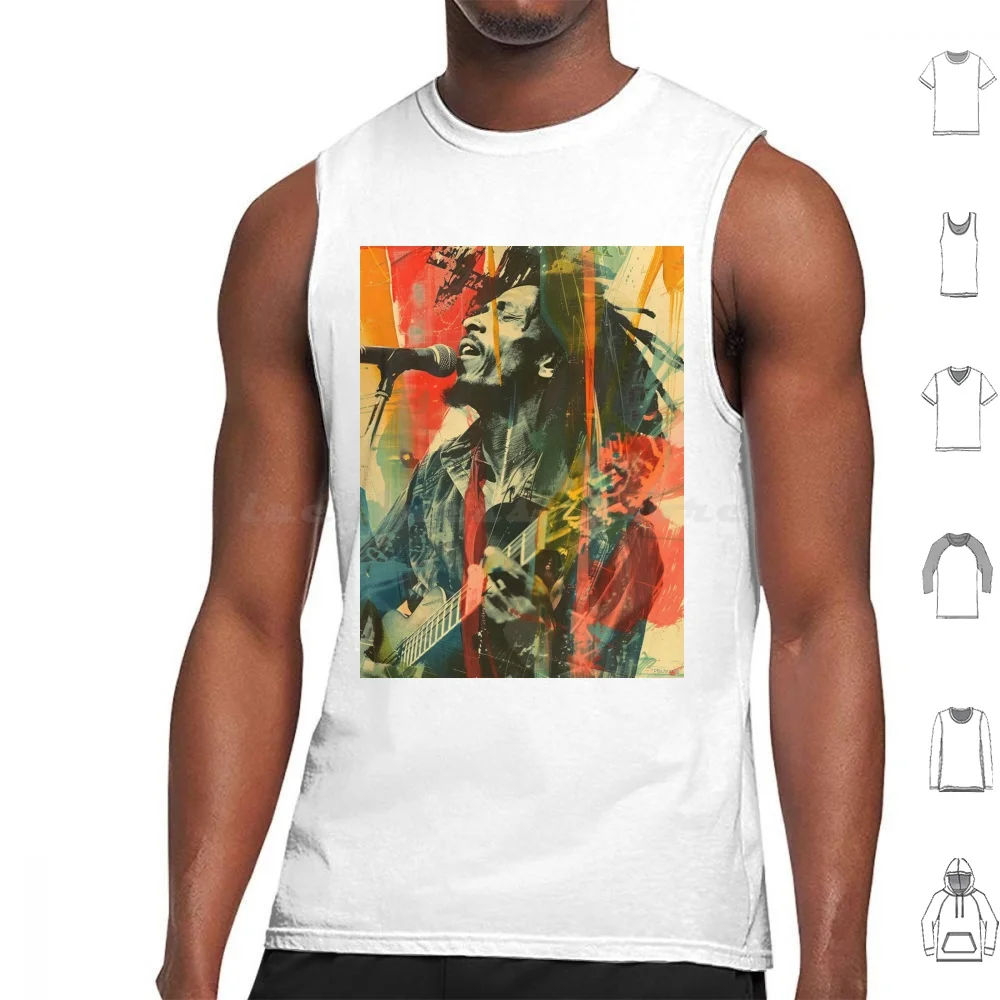 Bob Tank Tops Vest Sleeveless Reggae Music Electric Guitar Iconic Musician Vibrant Colors Abstract Art Expressionism