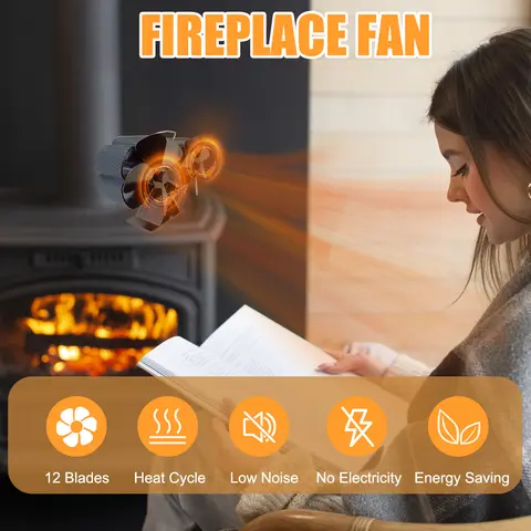Vedspisfläkt Värmedriven Dubbla Tysta Motorer 6 Blad Icke-elektrisk Värmeaktiverad Spisfläkt med Fäste och Magnetisk Termometer 10 best sales öppen spis med fläkt - №1