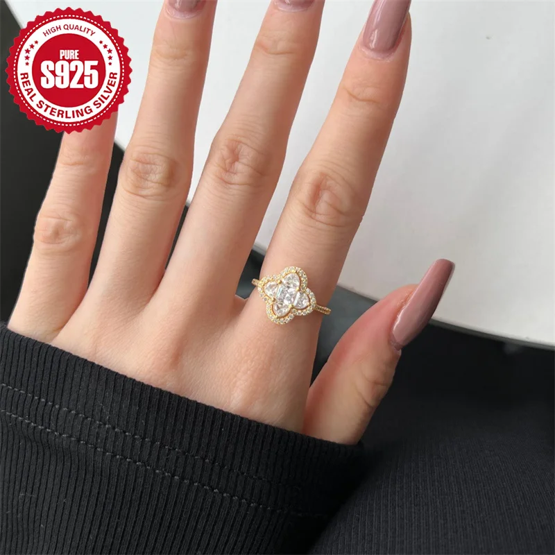 Cincin bunga semanggi perak S925 Pop kualitas tinggi dengan zirkon warna-warni perhiasan Fashion pesta pernikahan wanita manis