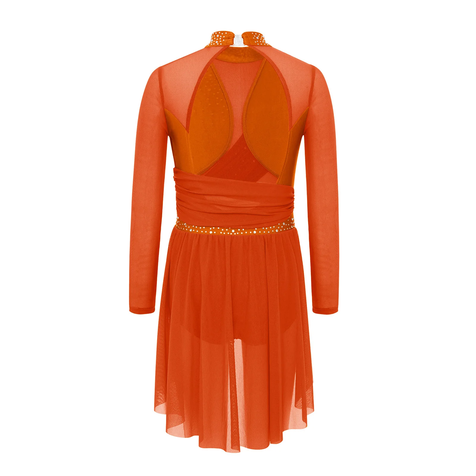 Children Girls Figure Skating Modern Lyrical Dance Performance Costume Long Sleeve Shiny Rhinestones Split Mesh Leotard Dress