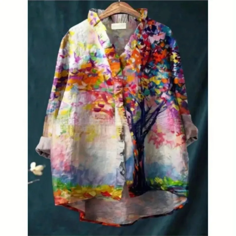 Ladies' printed long sleeved shirt with ruffled neckline, featuring a vintage artistic and Retro artistic and leisure style