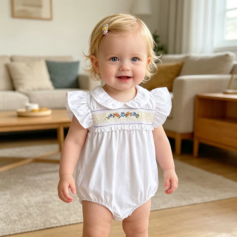  2026 Neugeborenen Sommer Neu 0-24M Baby Mädchen Stickerei-Strampler Koreanische Version Flatterärmel Bodysuit Weiß Süßer Strampler