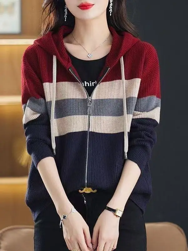 

plus Size Hooded Knitted Open Cardigan Sweater Jacket Conceal Meat Show Slimming Loose Fitting Korean Style Casual Outerwear