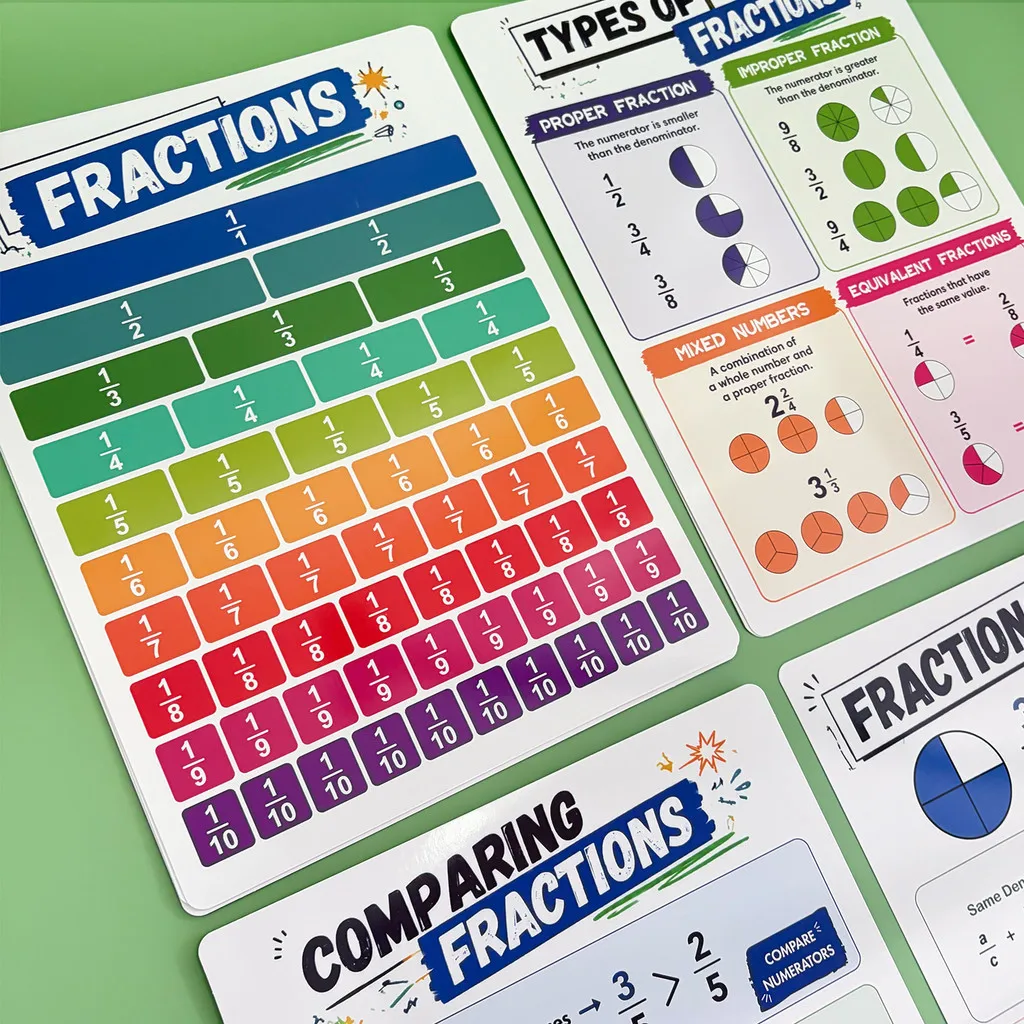 Math Fraction Educational Poster for Kids Fractions Operations, Conversion, Comparison, Decimals and Percentages Learning Charts