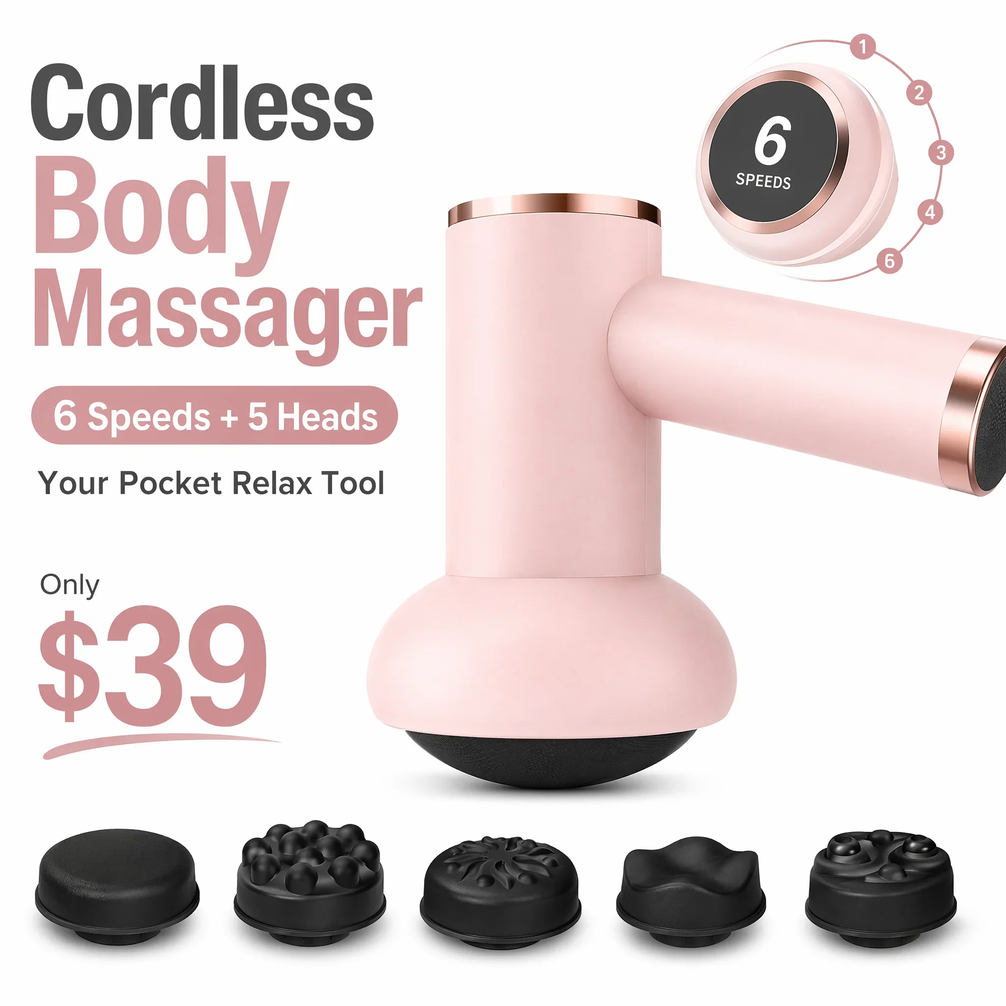 

Cordless Handheld Body Massager 6 Speed Vibration with 5 Replaceable Massage Heads Portable Electric Massager for Neck Shoulder