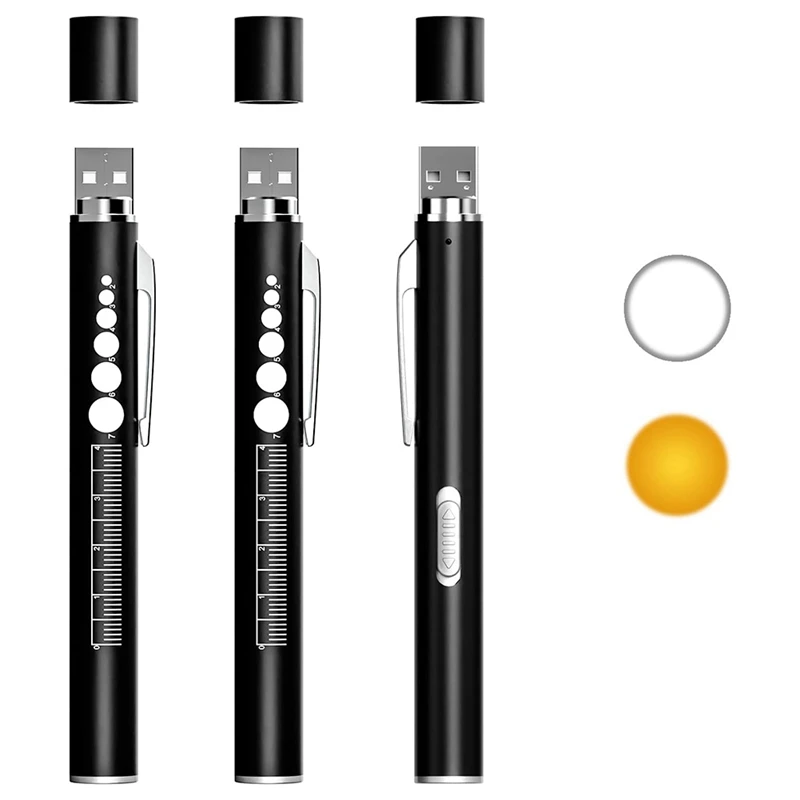 3 Rechargeable Penlights With Pupil Gauge & Ruler, LED Pen Lights For Nurses Doctors, Warm/White Light, Easy To Use Black