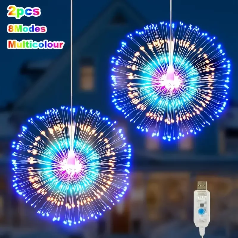 USB Powered Firework Starburst Lights 2/4pcs LED Fairy String Light with 8 Modes for Yard Garden Wedding Christmas Holiday Party