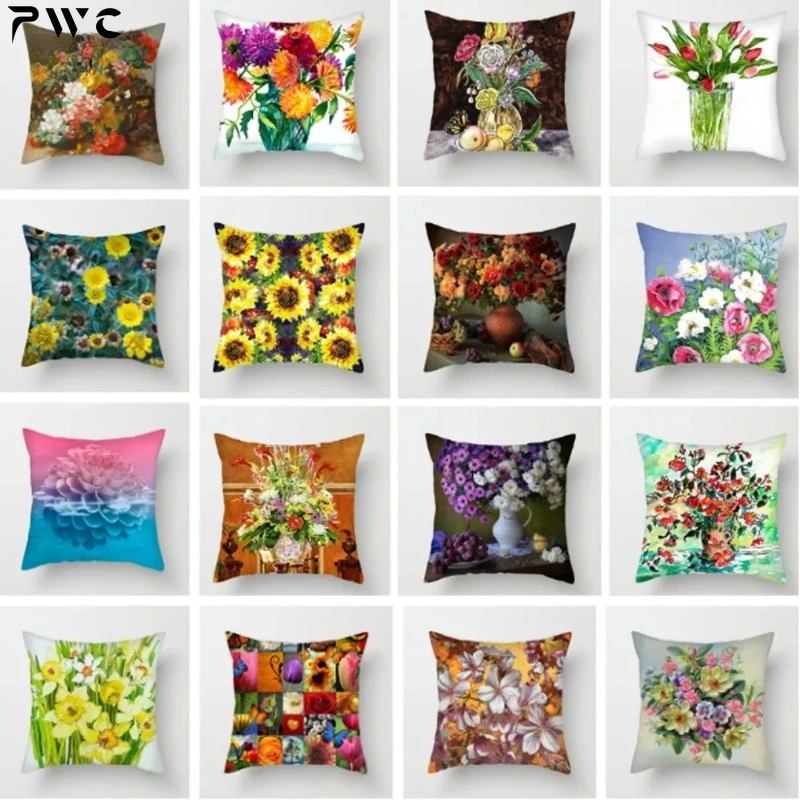 Floral Chrysanthemum Print Polyester Cushion Cover Sunflower Rose Decorative Decorative Flower Pillowcase for Home Decor 45X45CM