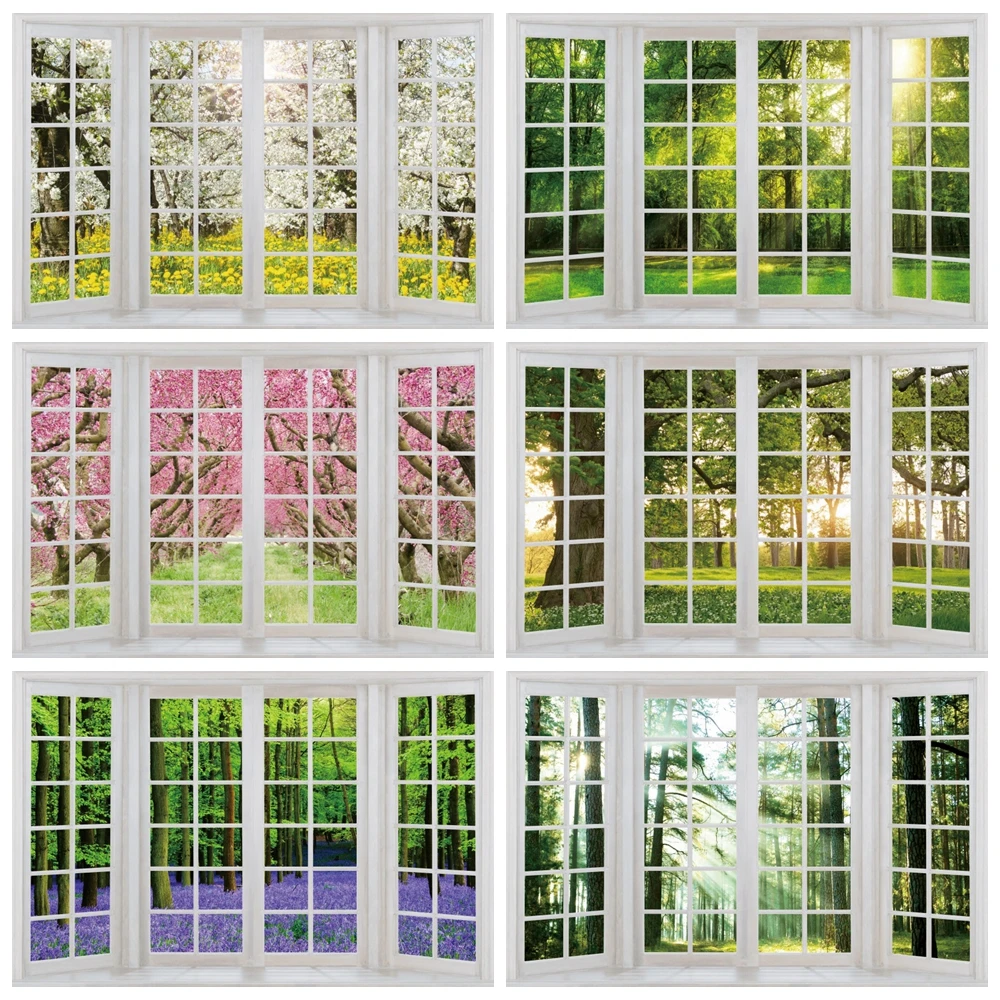 

Interior Windows Scene Photography Backdrop Spring Sunshine Flower Forest Natural Landscape Portrait Photographic Background