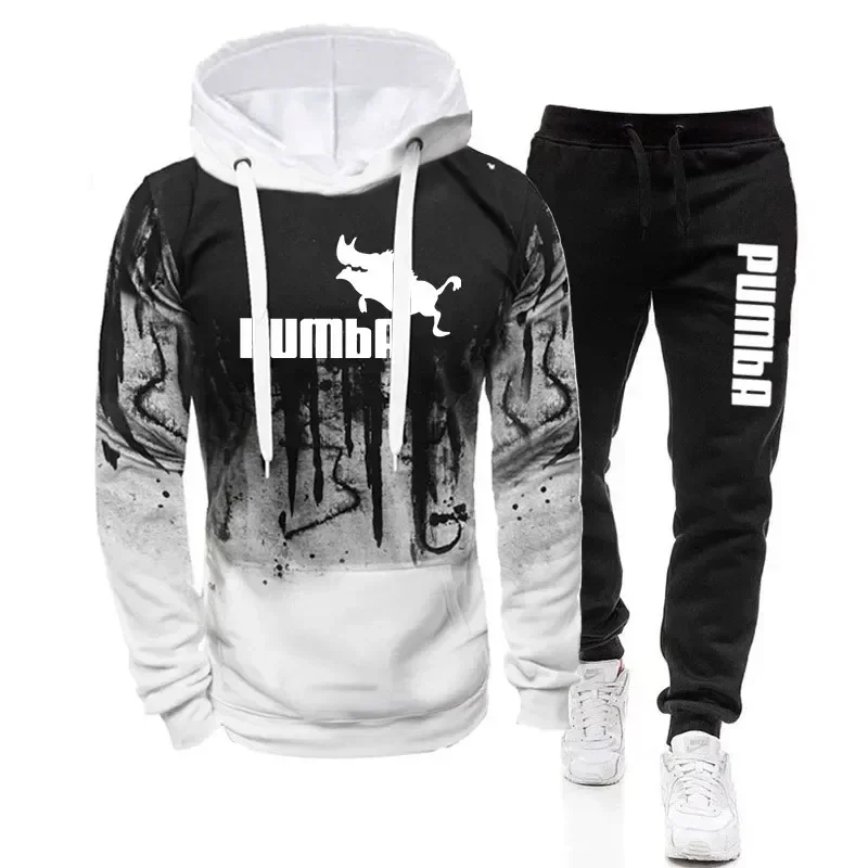 2025 Men's new spring and autumn pullover hoodie + black sweatpants two-piece high-quality jogging fashion leisure sports suit