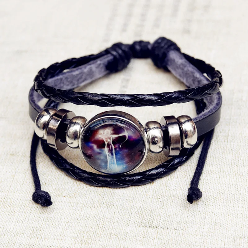 12 Zodiac Signs Bracelets Constellations Bracelets Black Button Woven Leather Bracelet Glass Dome Jewelry Men Woman Gift