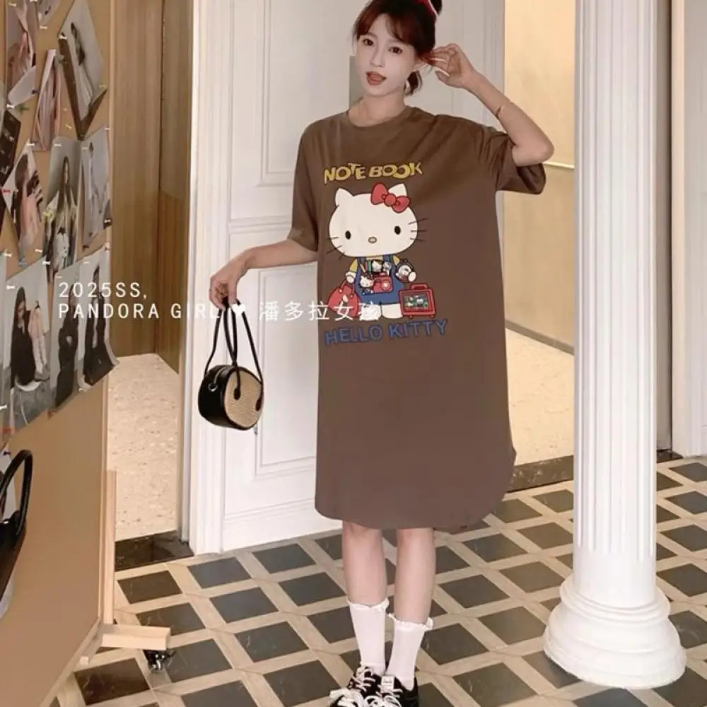 

New Anime Hello Kitty Large Size Loose Nightgown Summer Thin Cute Cartoon Kt Pajamas Home Clothes Cute Age-Reducing Long Skirt