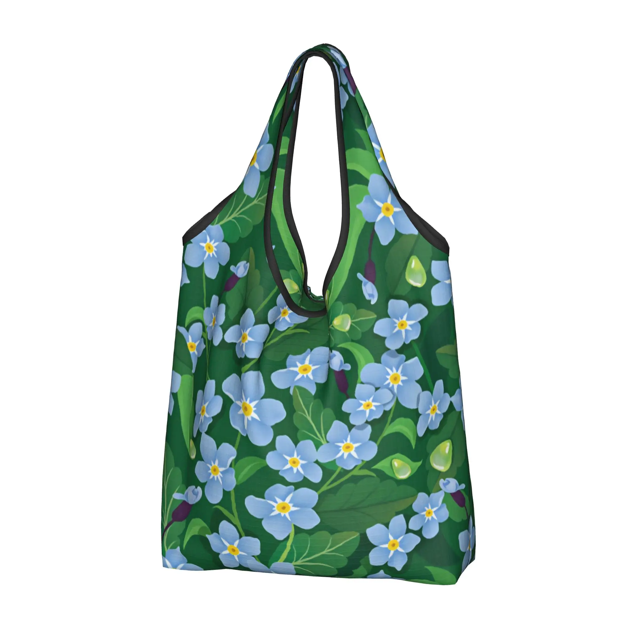 Custom Blue Forget Me Not Flowers Shopping Bags Women Portable Big Capacity Grocery Seamless Floral Pattern Shopper Tote Bags