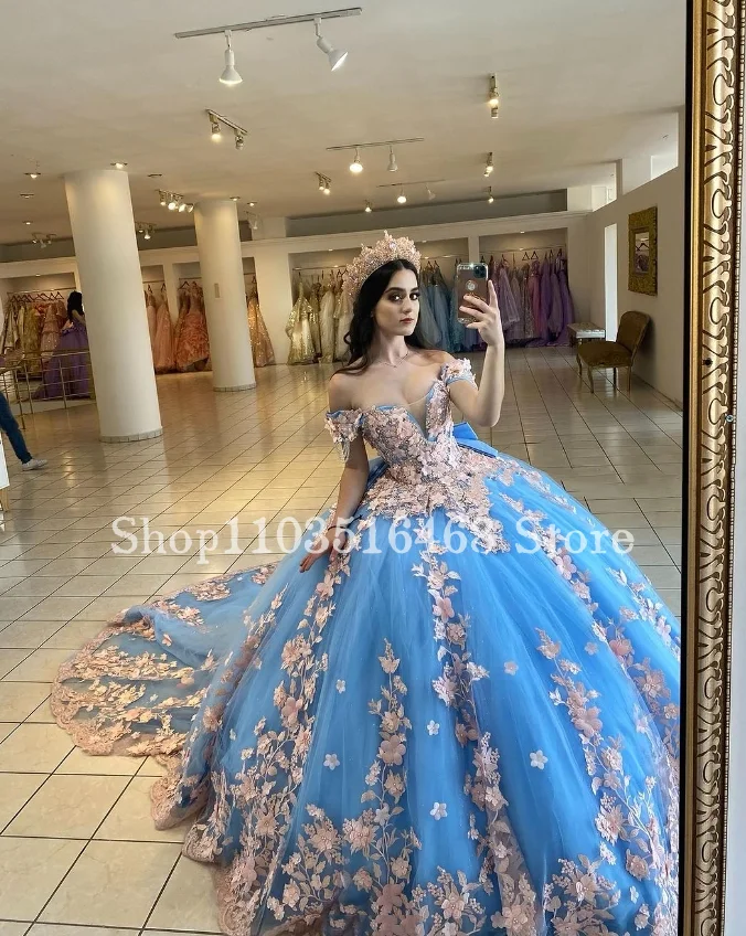 Princesa céu azul quinceanera vestido 2025 um ombro floral applique desossa espartilho com capela trem robes de soirée personalizado