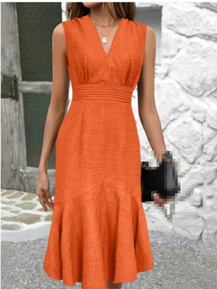 Elegantes blaues Fischschwanzkleid für Damen, blauer Pullover mit V-Ausschnitt, ärmellos, schmale Passform, Urlaubsstil, Frühlings-Midi-Fischschwanzkleid für Damen