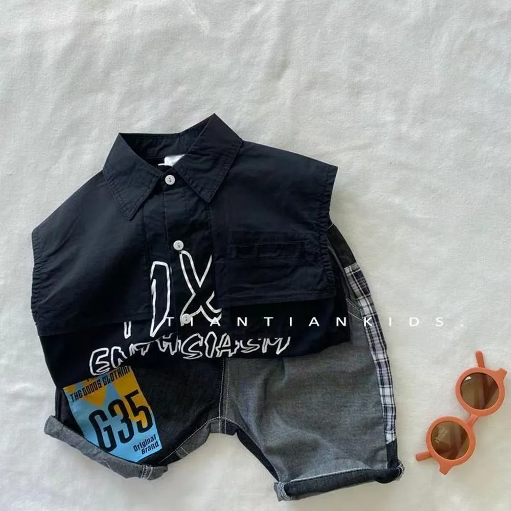 Boys' Summer Set Children's Sleeveless Printed Shirt Children's New Versatile Pure Cotton Collar Shirt Shorts Two-piece Set