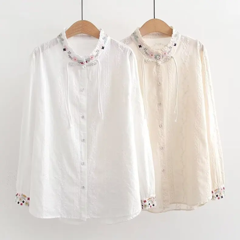 Japanese Sweet Mori Girl Floral Embroidery Shirt Women Spring Autumn Stand Collar Long Sleeve Slim Cotton Blouse Tops White