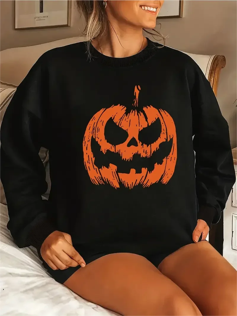 2025, casual sportkleding dames Halloween-pompoenprint, sweatshirt met lange mouwen en ronde hals, trui, modetrend