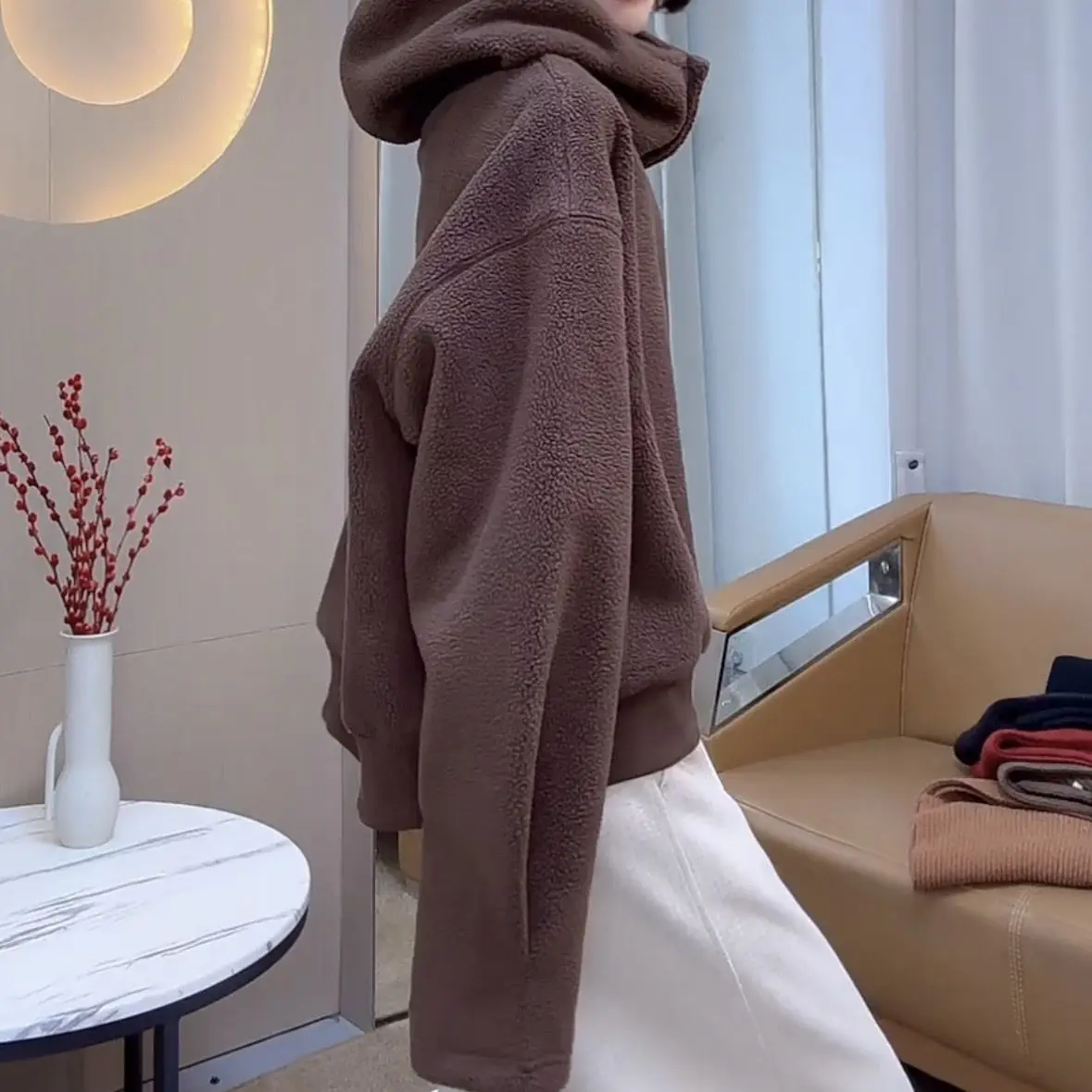 Double Sided Polar Fleece Hoodie Women High Neck Thick Warm Jacket Fall Winter Layered Outerwear