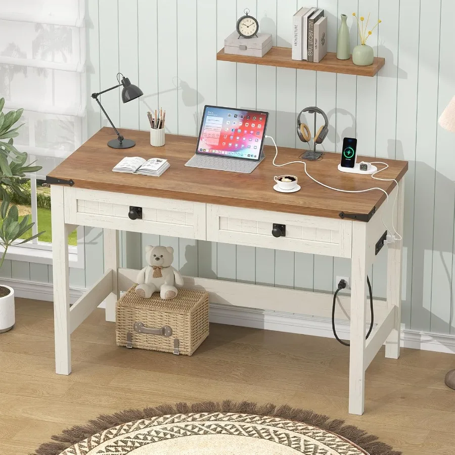 Farmhouse Computer Desk with 2 Drawers 39 Inch Small Office Computer Desk with Power Outlets Compact Writing Study Desk for Sma