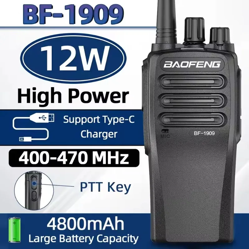 

Рация BaoFeng BF-1909, 12 Вт, высокая мощность, UHF 400-470 МГц, зарядка Type-C, дальнобойная, портативная, двухсторонняя связь