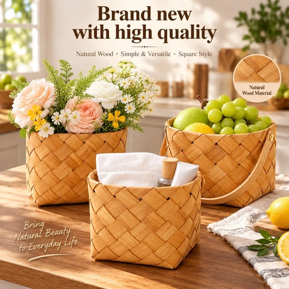 Handheld Bread and Fruit Basket Handmade with Handle Handwoven Household Braid Basket 2 Styles Handmade Wood Basket