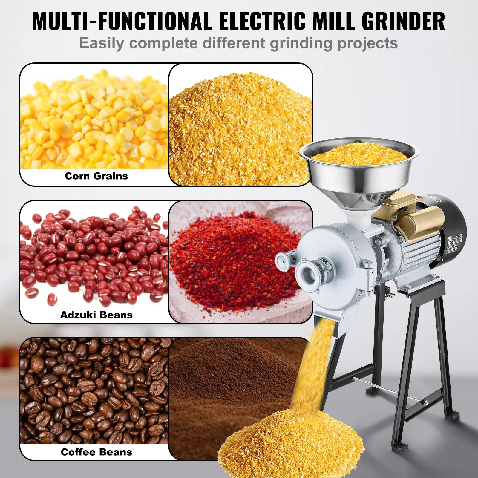 3000W Commercial Grain Mill Grinder with Funnel Adjustable Powder Thickness for Corn Wheat Flour Cereal Spices Dry and Wet Grinding Heavy Duty Electric Feed Mill Machine