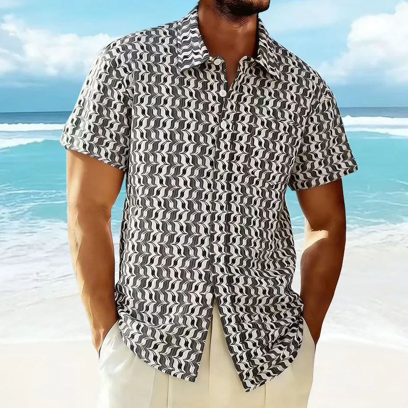 European Size Men's Summer 2026 Beach Knitted Short Sleeve Shirt Fish Scale Stripes Print Polyester Spandex Standard Fit Casual