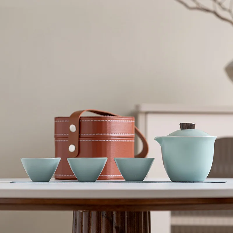 Ceramic Simple Outdoor Travel Tea One Pot Three Cups Quick Cup Convenient Storage Bag Customized Gift Set