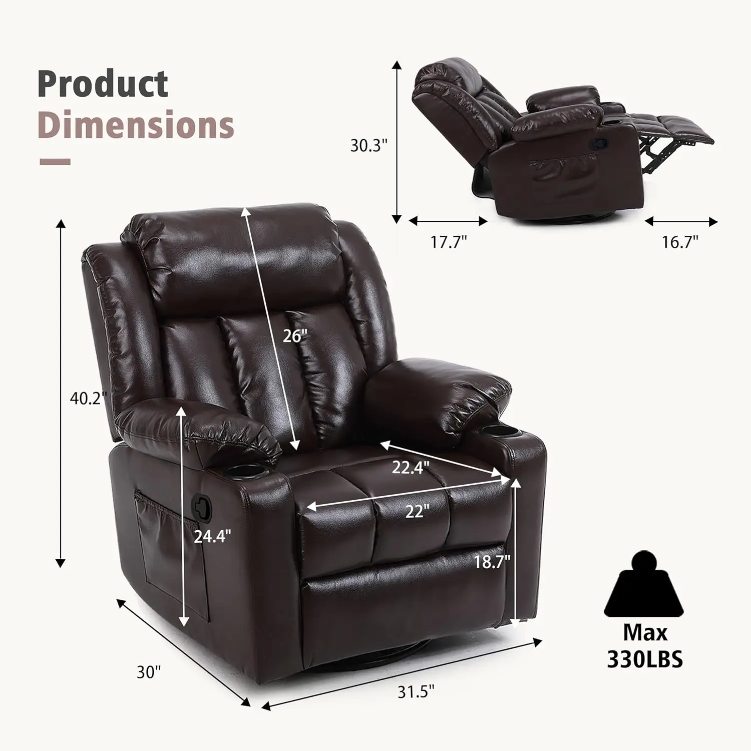 Rocker Swivel Recliner Chair for Adults, Overstuffed Large Manual Recliner Glider with Massage and Heat(Brown Leather)