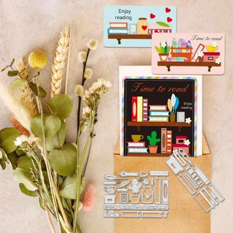 2PCS Stacked Book Bookshelf Desk Cutting Dies Office Potted Plant Carbon Steel Embossing Stencils Template for Decorative