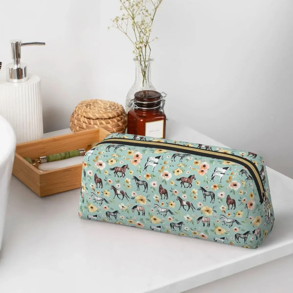 Horses With Flowers, Sunrise Floral, Blue, Horse Decor, Backpack Pencil Cases Pencil Pouch Pen Box Pencil Bag for Students