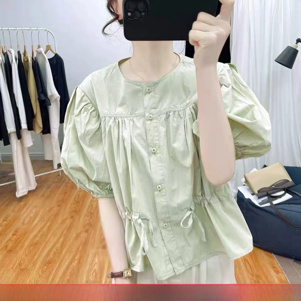 

Pure Cotton Dstring round Ne ort Sve Women's irt Summer Fre Sle Breathable Comfortable Loose Fit White irt