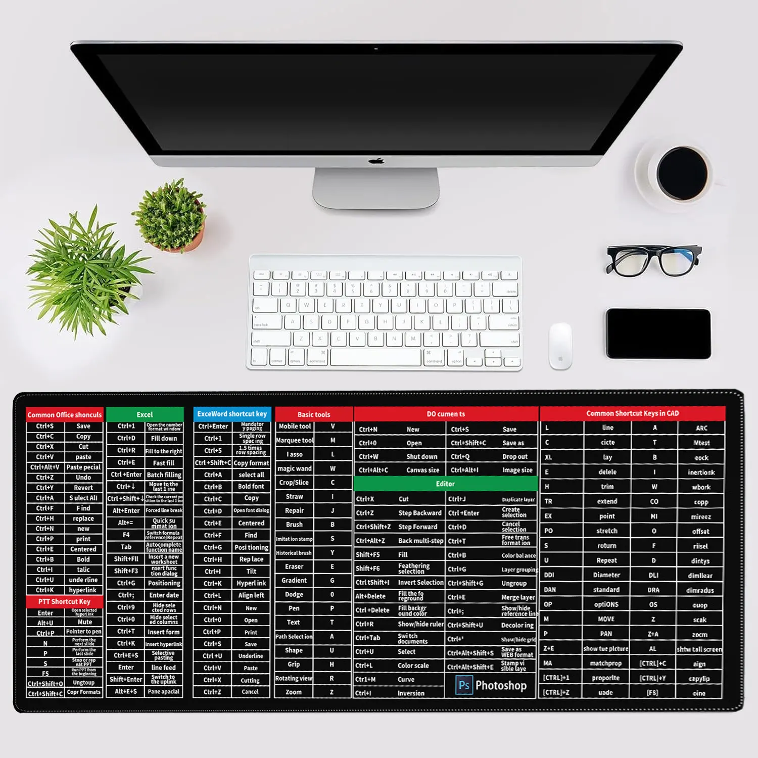 لوحة ماوس اختصار لوحة المفاتيح، مكتب/Excel/Word/PPT/PS اختصارات الغش ورقة حصيرة، مفتاح سريع لوحة مفاتيح كبيرة جدًا مضادة للانزلاق
