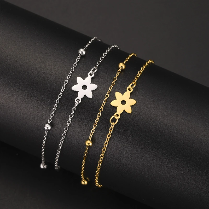 Geometric Bracelet Six Petal Flower Pendant Stainless Steel Double-Layer Bead Minimalism Chain Bracelet For Woman Girls Jewelry