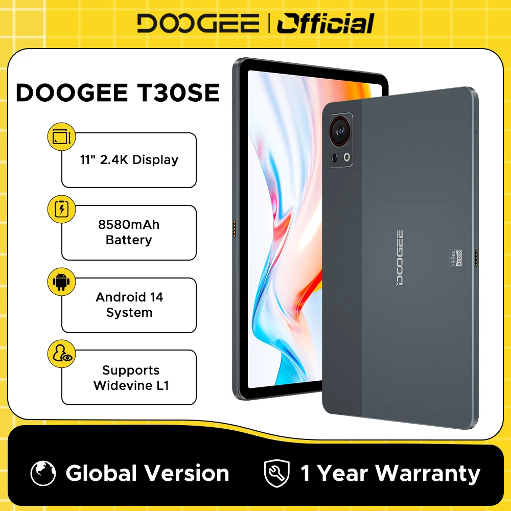 

Глобальная версия планшета DOOGEE T30SE, 11 дюймов, 2,4 кг, сертифицированный дисплей, Android 14, 4 ГБ, 128 ГБ, T606, восьмиядерные четырехъядерные колонки, 8580 мАч