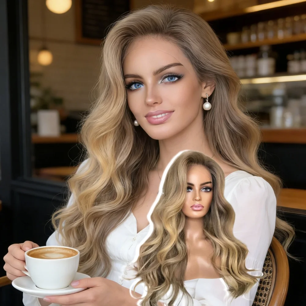 

Длинные волнистые синтетические парики с мелированием цвета грязно-русый блонд, с кружевной передней частью, для белых женщин, без клея, предварительно прорезанные, из термостойкого волокна