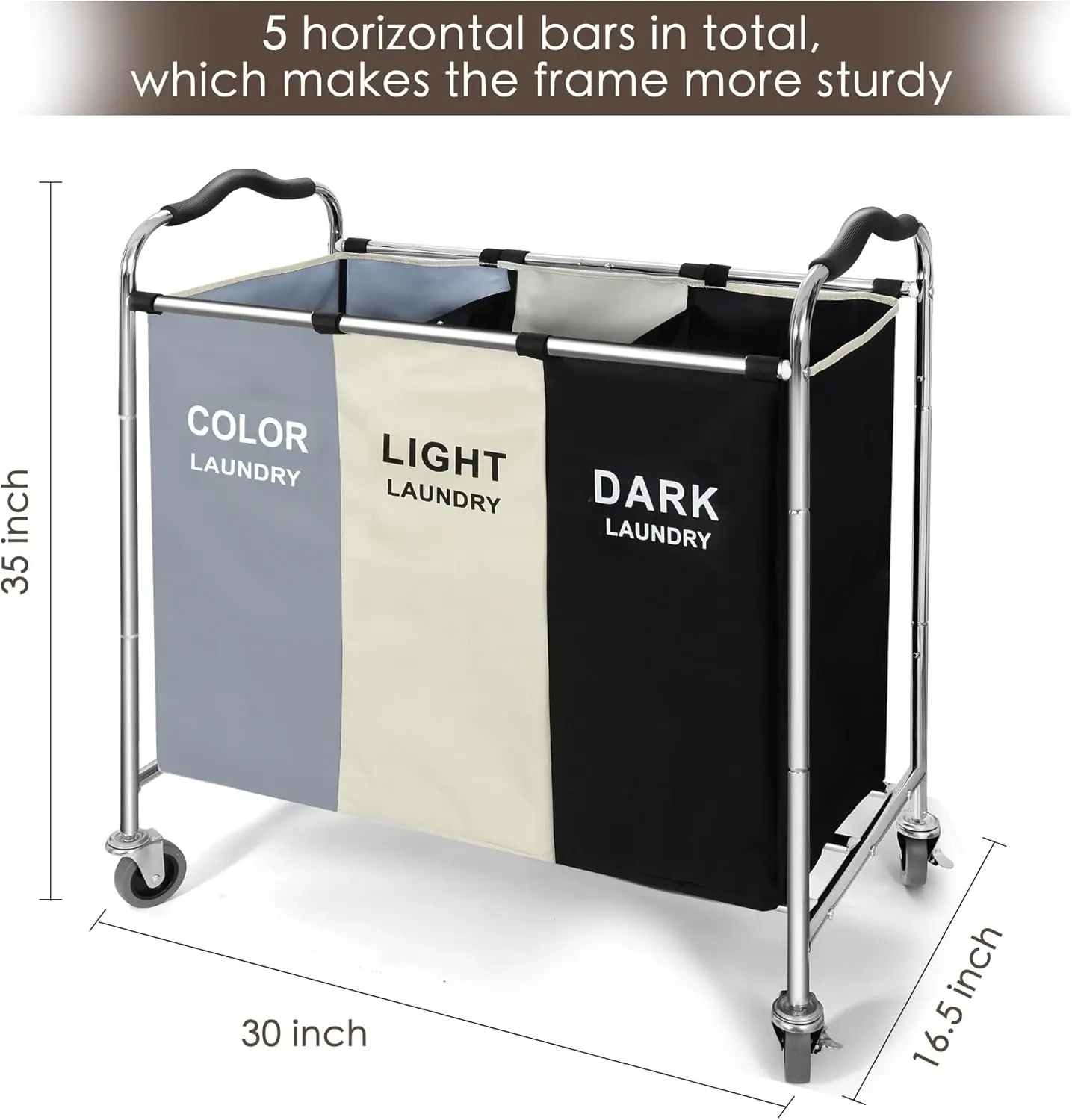 3-Section Rolling Laundry Hamper with Wheels, 240L Capacity for Clothes Sorting and Storage