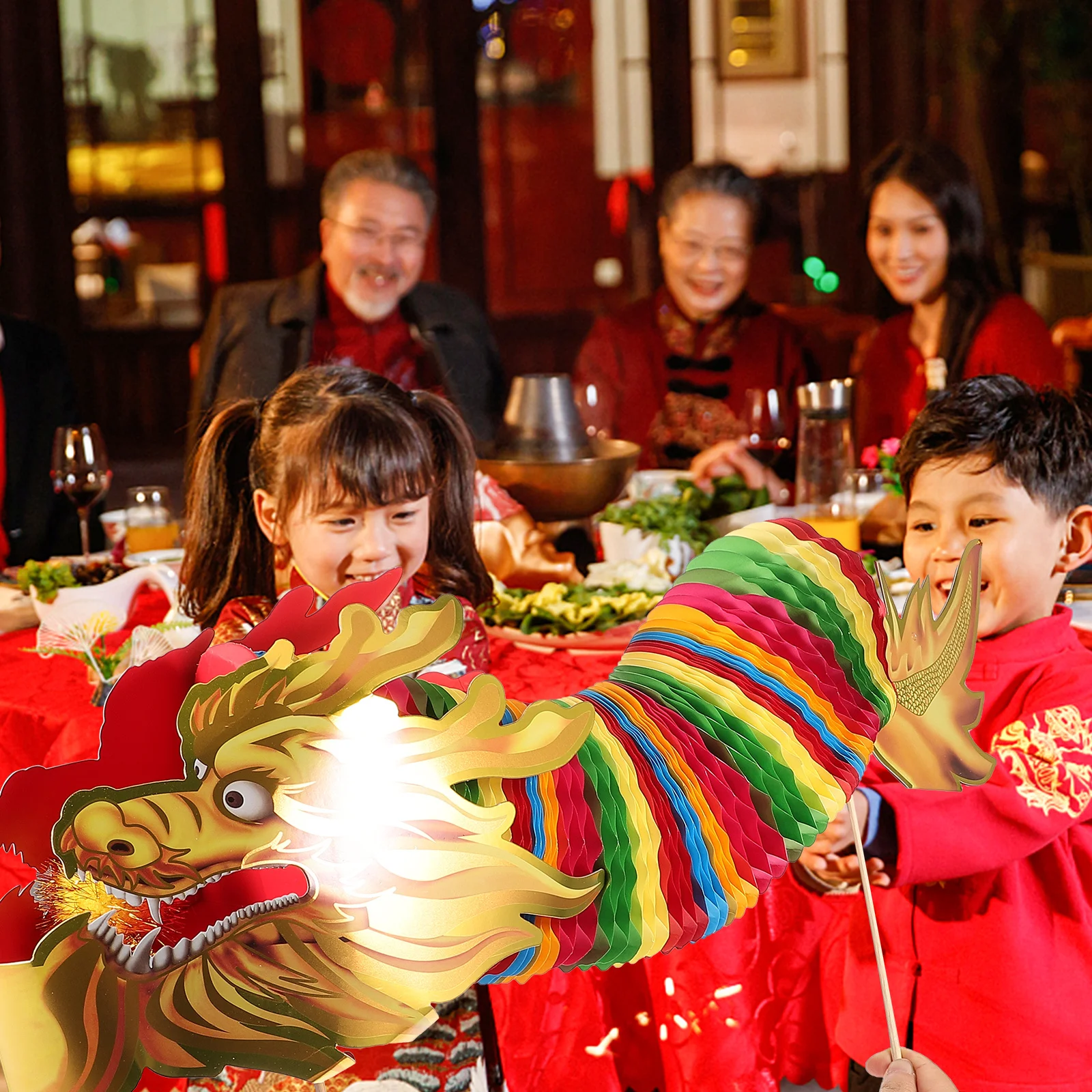 

1 Piece Red and Gold Paper Dragon Handheld Festival Prop for Chinese New Year Celebration Party Decoration Interactive Game