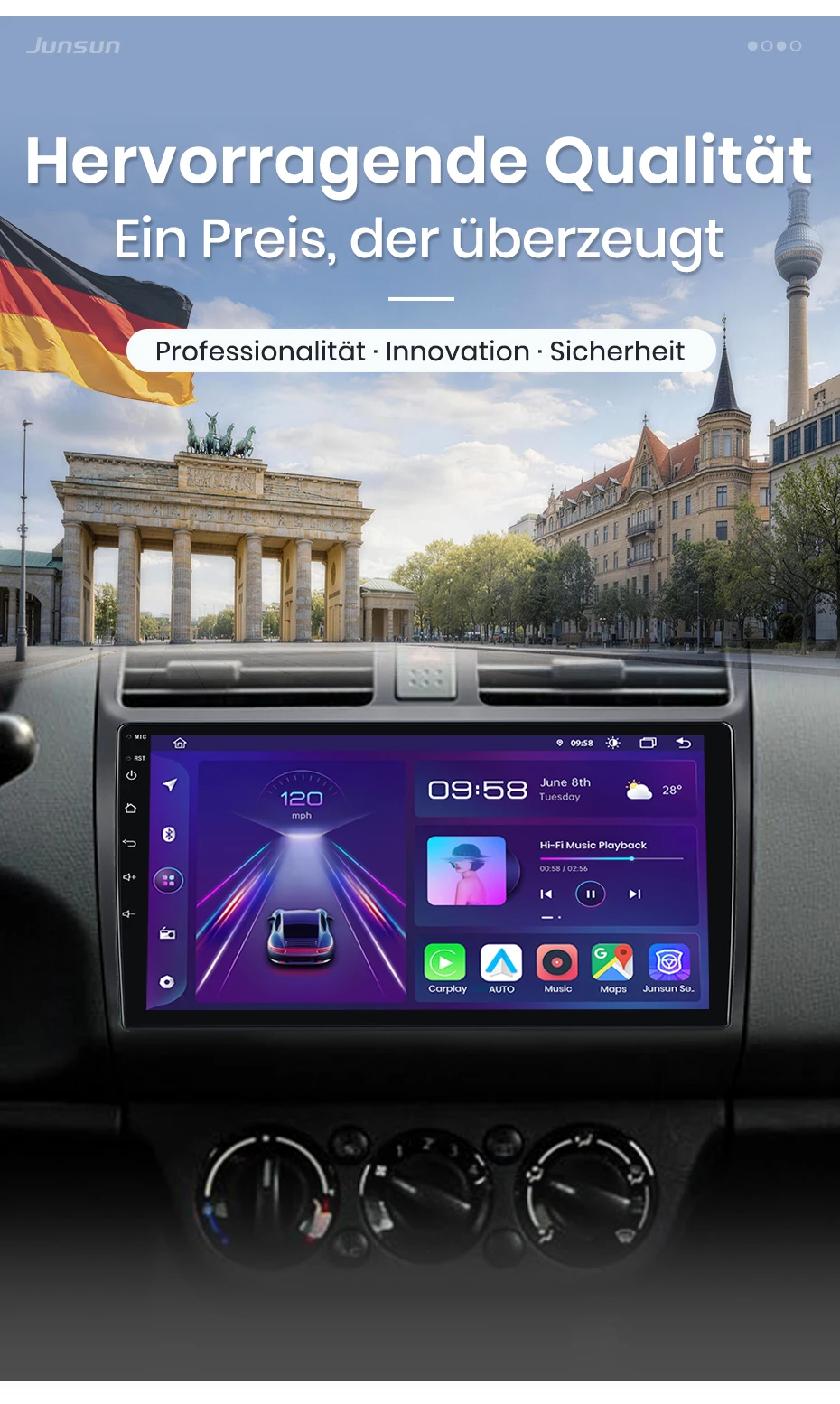 Junsun Android 15 Autoradio für Suzuki Swift 2006-2010, kabellos für Apple CarPlay, Auto-IPS-Touchscreen, Stereo-Multimedia-Videoplayer, intelligente Fahrzeugsysteme, 2-DIN-Autoradio-Haupteinheit, GPS-Navigation, BT 4G WIFI, 8-Kern, FM AM DSP RDS SWC DAB+ – Detail 2